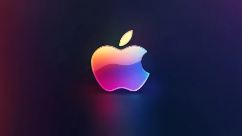 3D chromatic apple emblem on dark gradient field.