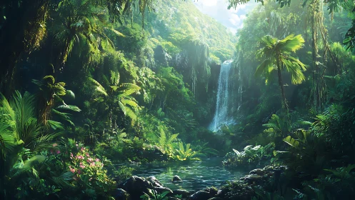 Luminous Jungle Canyon with Cascading Waterfall.
