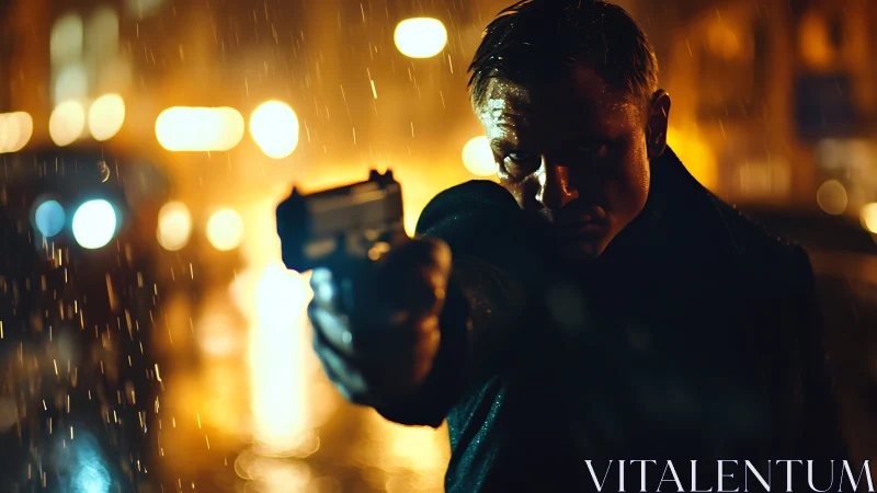 Gunman extends pistol under neon rain in cinematic bokeh.