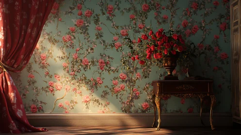 Floral wallpapered wall with rose bouquet on ornate table