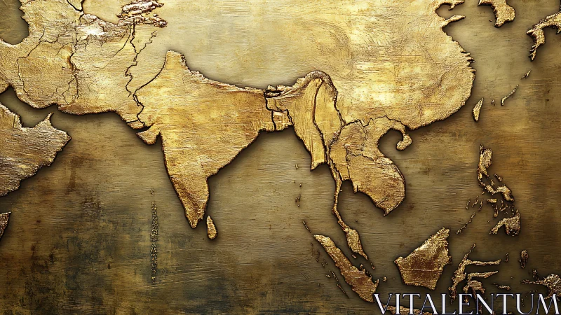 Golden textured map of Asia inviting quiet worldly dreaming.