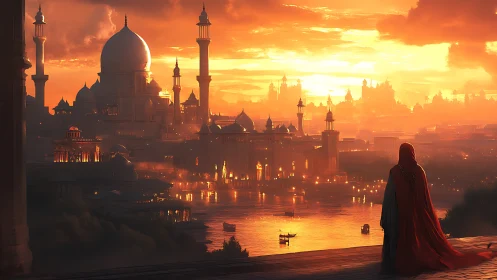 Digital painting of a sunset citadel with cloaked figure foregrounded.