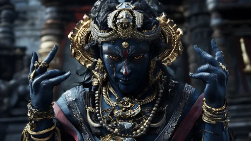Blue-skinned deity figure in ornate gold ritual adornments.