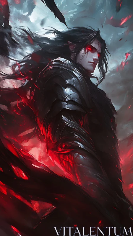 Dark warlock in jagged armor wreathed in crimson energy.