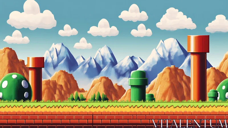 Pixel hills hum quietly beneath candy clouds and pipes
