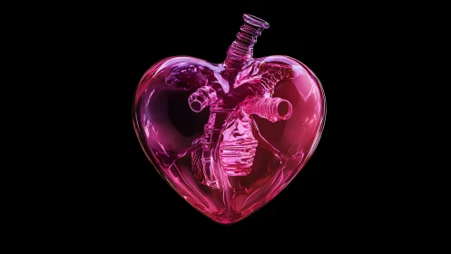 Glass heart with anatomical design in vibrant pink, digital art.