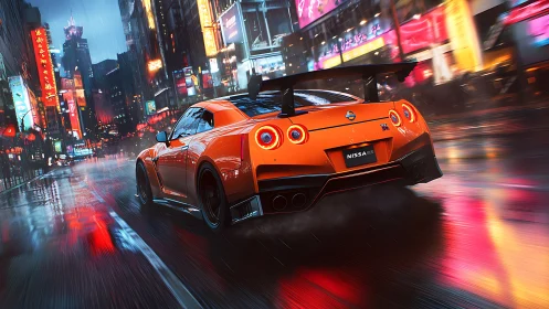 Neon storm chase with an orange supercar slicing rain-slicked night.