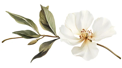 Botanical Illustration: White Peony with Layered Petals and Foliate Branch