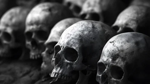 Aligned human skulls render a monochrome, hyperreal macabre study