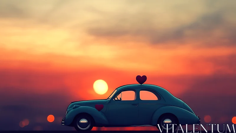 Vintage Car Sunset Romance. Heart Symbol Details