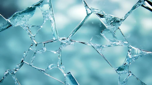 Close-up of cracked glass with blue background, abstract style.