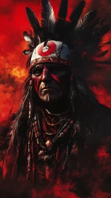 Stoic elder in feathered headdress amid red smoke.