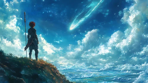 Armored wanderer watching luminous ringed sky object.