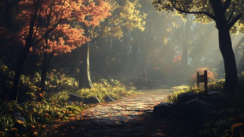 Golden Light Through Forest Path.