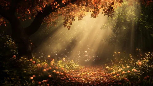 Sunlit autumn forest path glows with drifting golden leaves.