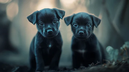 Two black puppies in soft focus outdoor portrait.
