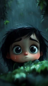 Large-eyed child in rain among foliage, stylized rendering.