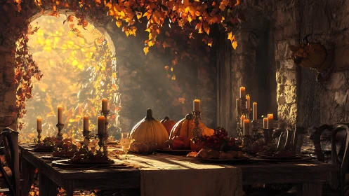Harvest banquet table stands in warm autumn candlelight