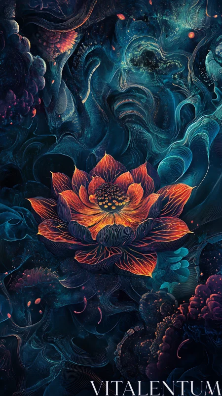 Luminous orange lotus over abstract blue cosmic backdrop.