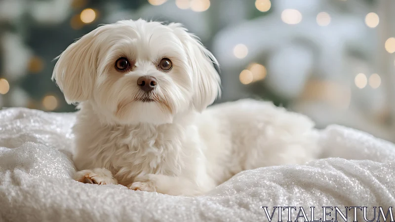 White fluffy dog resting on soft sparkling blanket indoors.