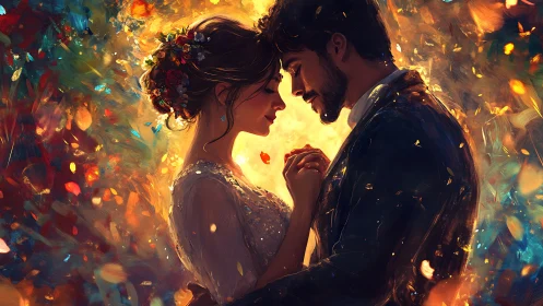 Couple embraced in luminous firelight and swirling magic.