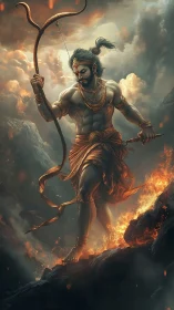 Stormlit warrior god striding through rivers of fire.
