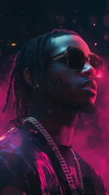 Neon-lit portrait of stylish man in sunglasses and chains