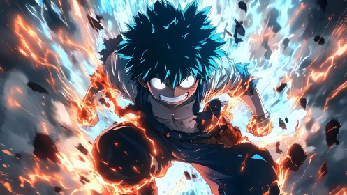 High-energy anime hero in explosive blue-orange motion blur burst