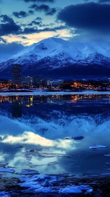 Nocturnal alpine skyline with reflective glacial waterfront symmetry.