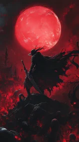 Cloaked figure under red lunar disc on chaotic terrain.