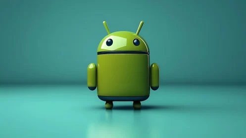 Glossy green robot mascot stands in a clean teal studio