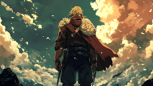 Wanderer beneath stormlit clouds greeting the open sky.