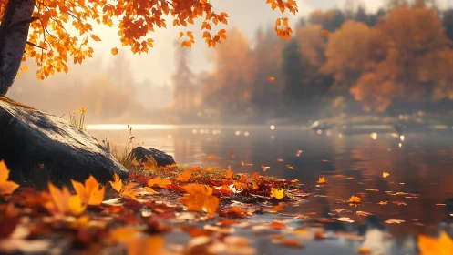 Cinematic autumn lakeside scene with shallow depth of field.