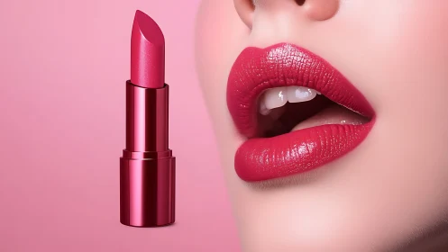 Pink satin lipstick shines beside glossy parted lips closeup