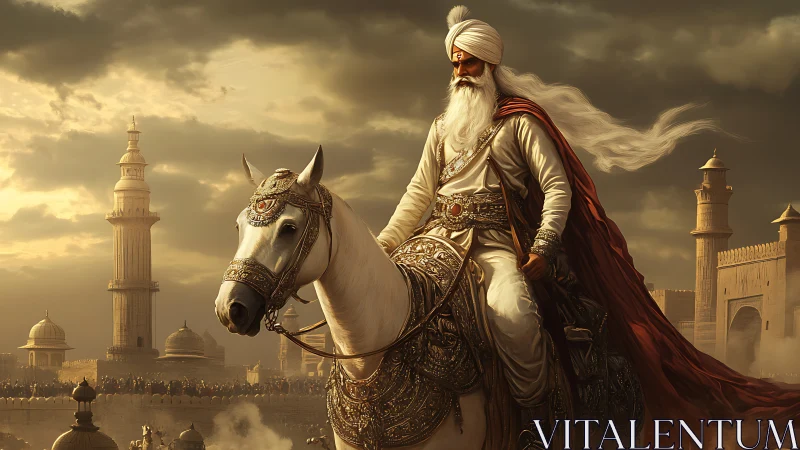 Sikh warrior king rides armored horse through golden citadel.
