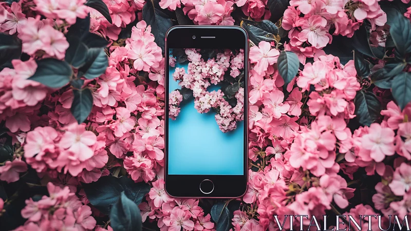 Black iPhone Surrounded by Pink Geranium Flowers