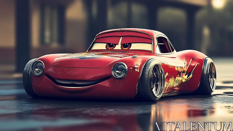 Cartoon red race car with expressive face at rest.