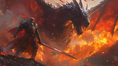 Armored human figure before large dragon amid firestorm.
