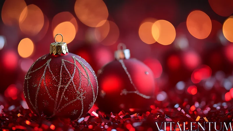 Red glass baubles on tinsel with defocused light bokeh.