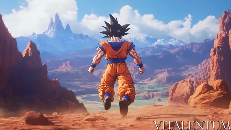 Anime warrior strides toward vast red canyon landscape.