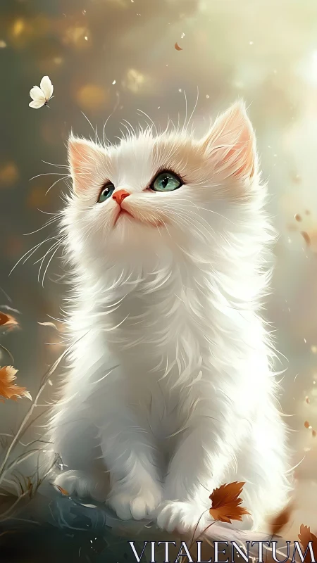 Downy dreamer kitten studies a drifting autumn butterfly