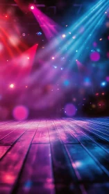 Stage floor under colored concert lighting beams at night.