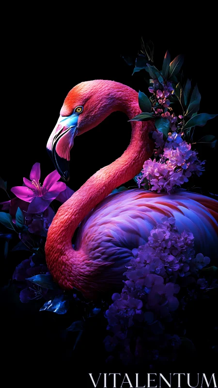 Neon flamingo blooms amid midnight jungle petals. Period.