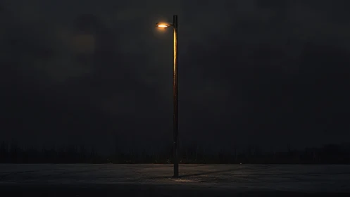 Solitary streetlamp casts warm light over empty wet road
