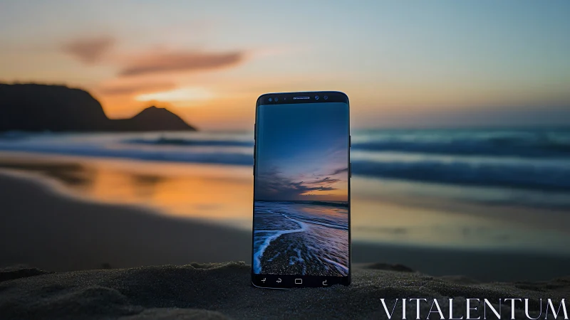 Mobile Device Displaying Coastal Sunset at Beach.