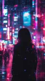 Silhouetted observer in neon-saturated cybernetic streetscape.