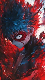 Dynamic anime portrait in red-blue high contrast composition.