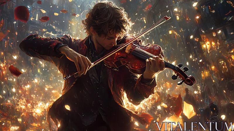Violinist ignites a storm of light in fevered city night.