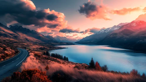 Vivid alpine lake at sunset with curving roadside perspective