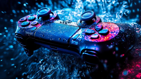 Game controller in vivid blue and red lighting with water.